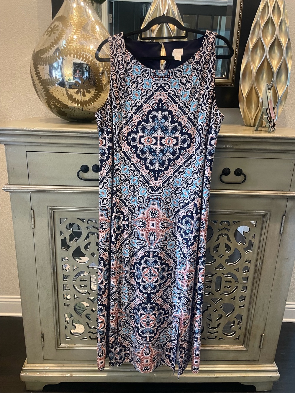 Chico Fashion Sleeveless Navy Blue & Pink Patterned Midi Dress